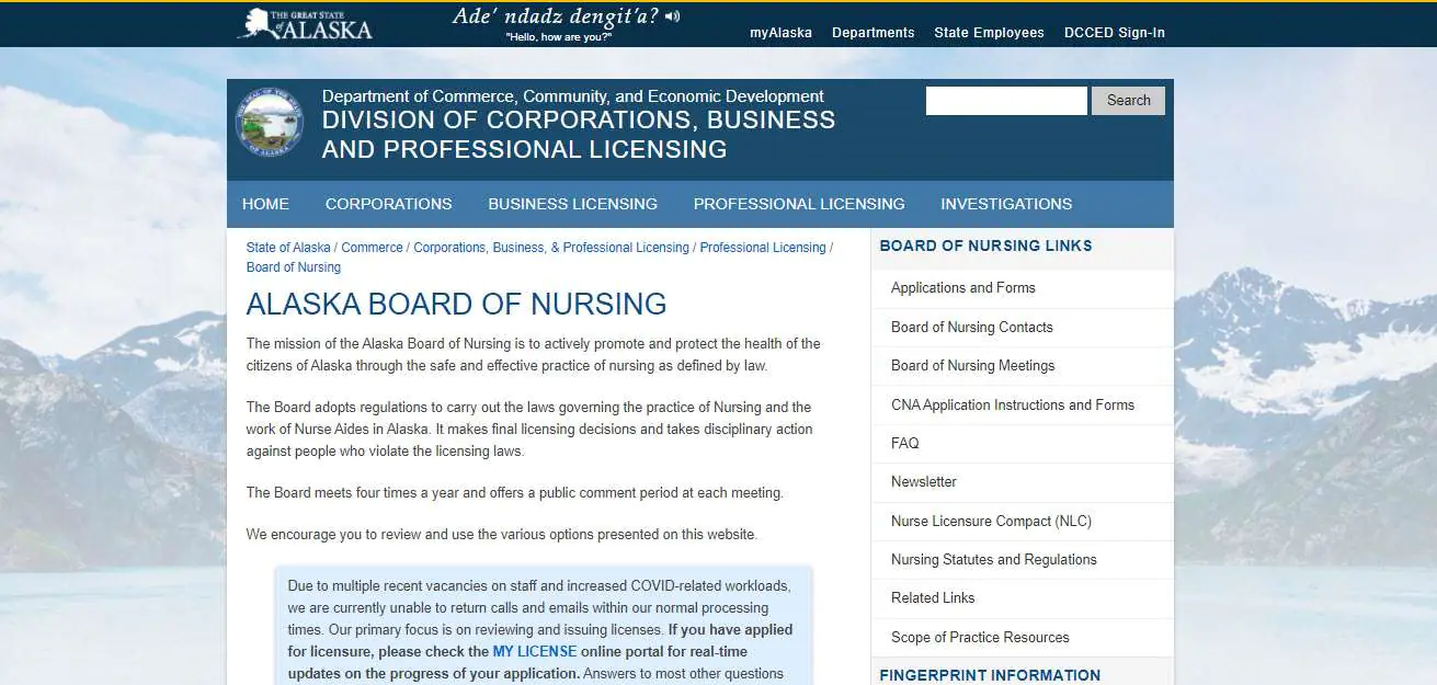 Alaska Board of Nursing website screenshot.