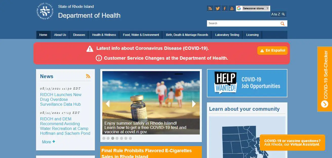 Rhode Island Board of Nursing website screenshot.