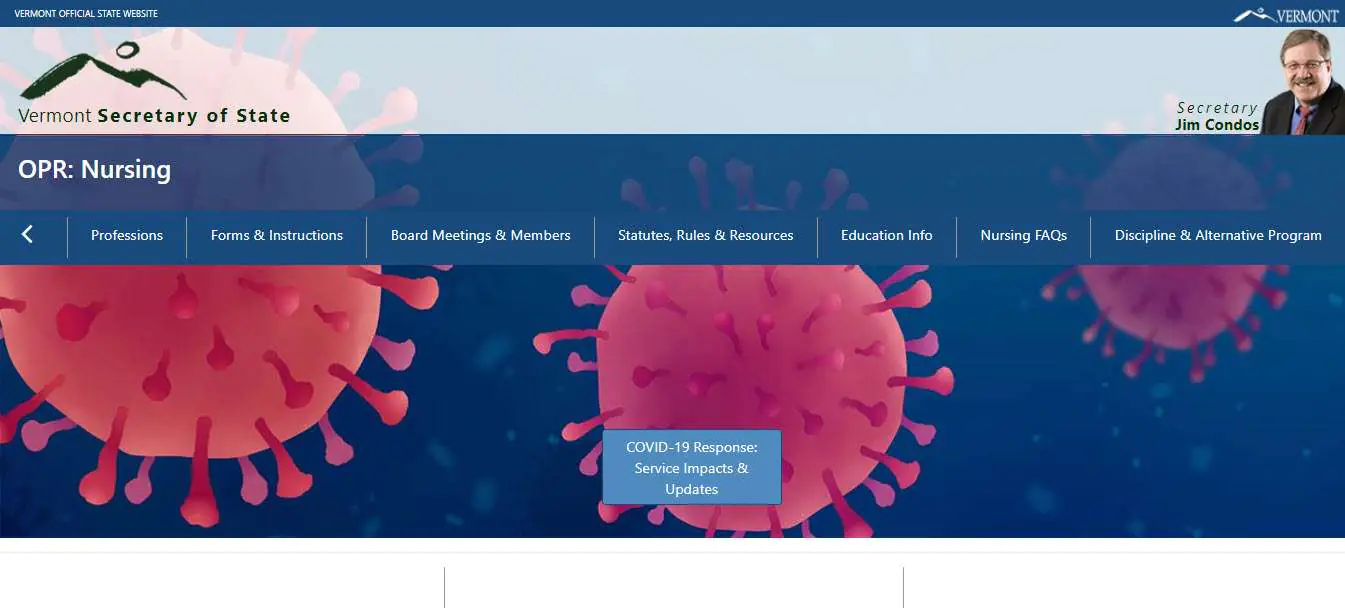 Vermont Board of Nursing website screenshot.