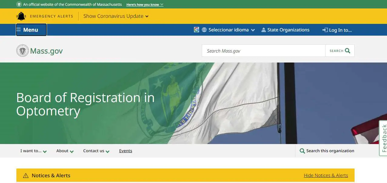Massachusetts Board of Optometry website
