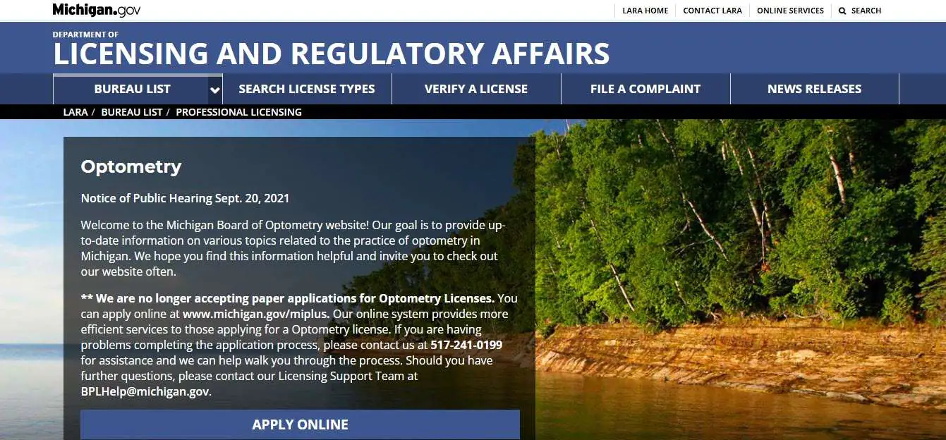 Michigan Board of Optometry website