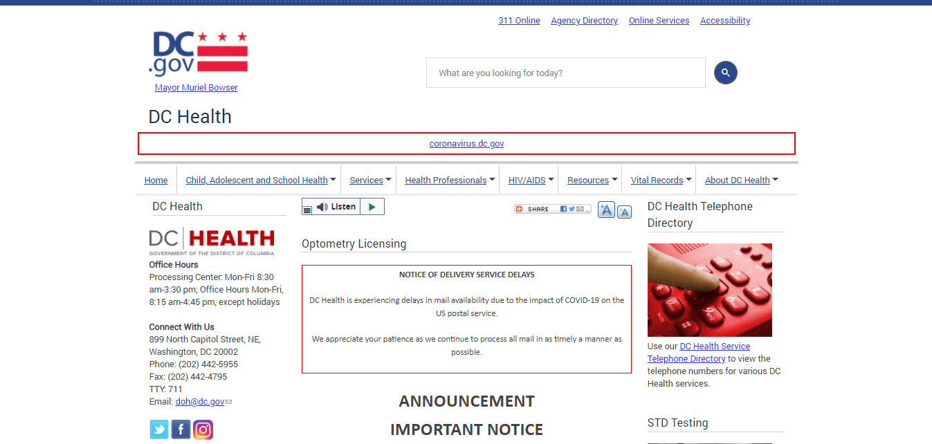 District of Columbia (Washington DC) Board of Optometry website