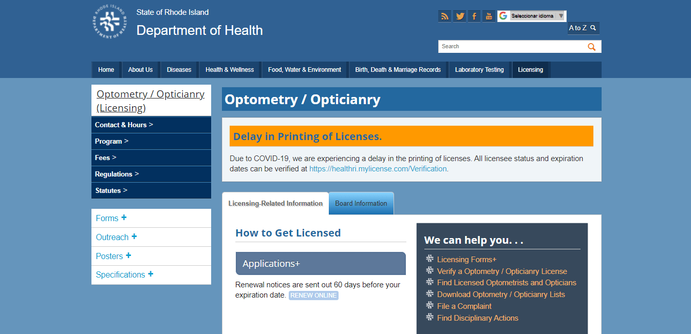 Rhode Island Board of Optometry website