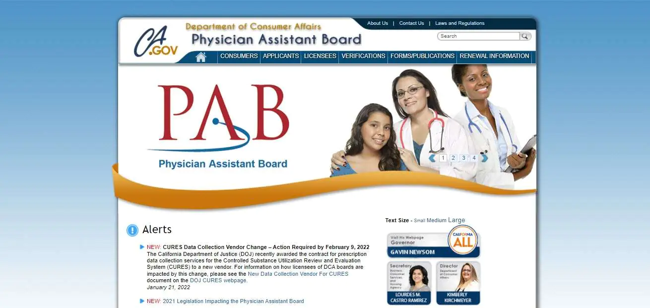 California Board of Physician Assistants website screenshot.