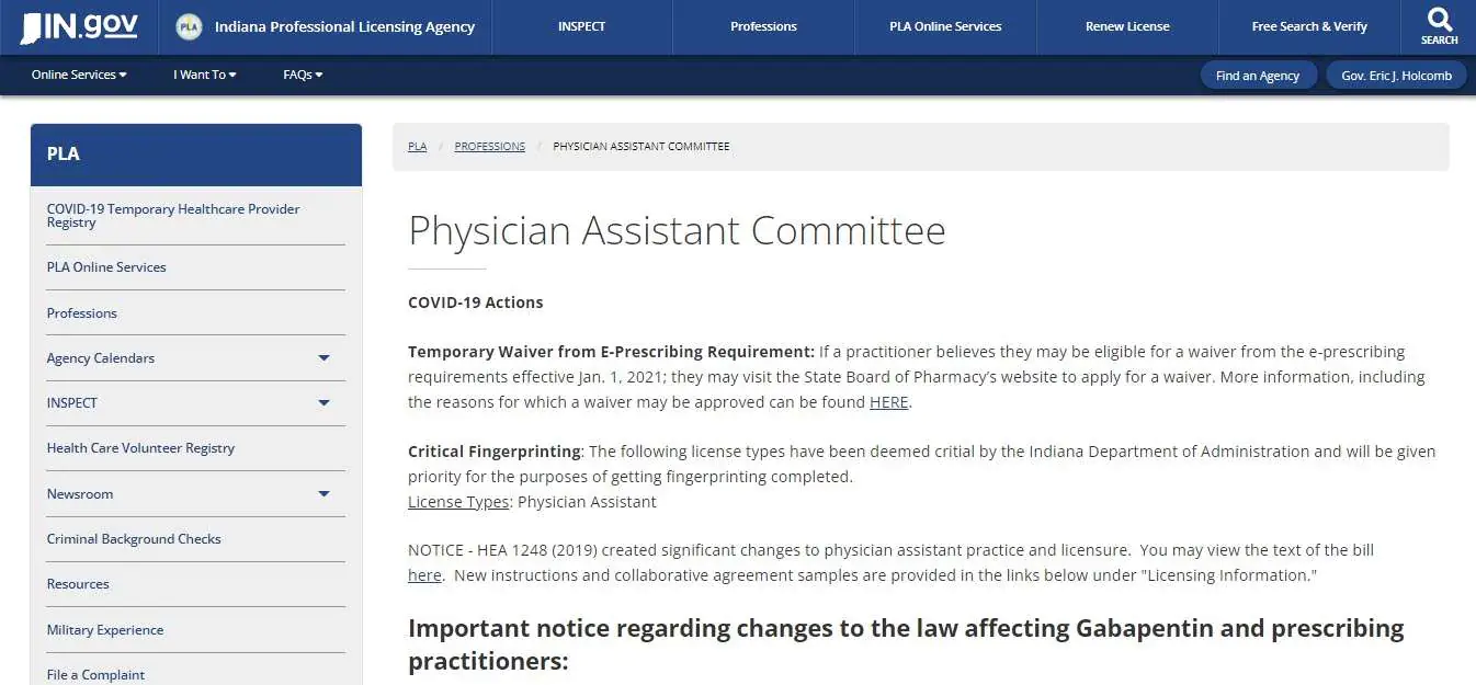 Indiana Board of Physician Assistants website screenshot.