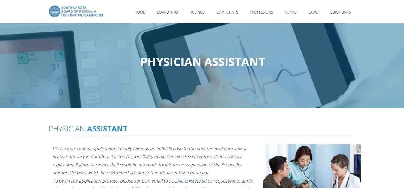 South Dakota Board of Physician Assistants website screenshot.