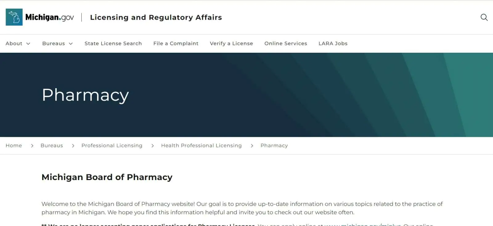 Michigan Board of Pharmacy website