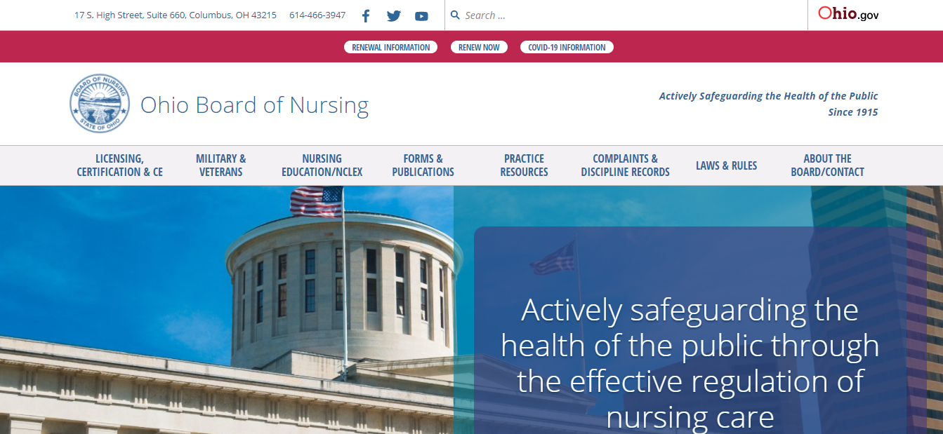 Ohio Board of Nursing website screenshot.