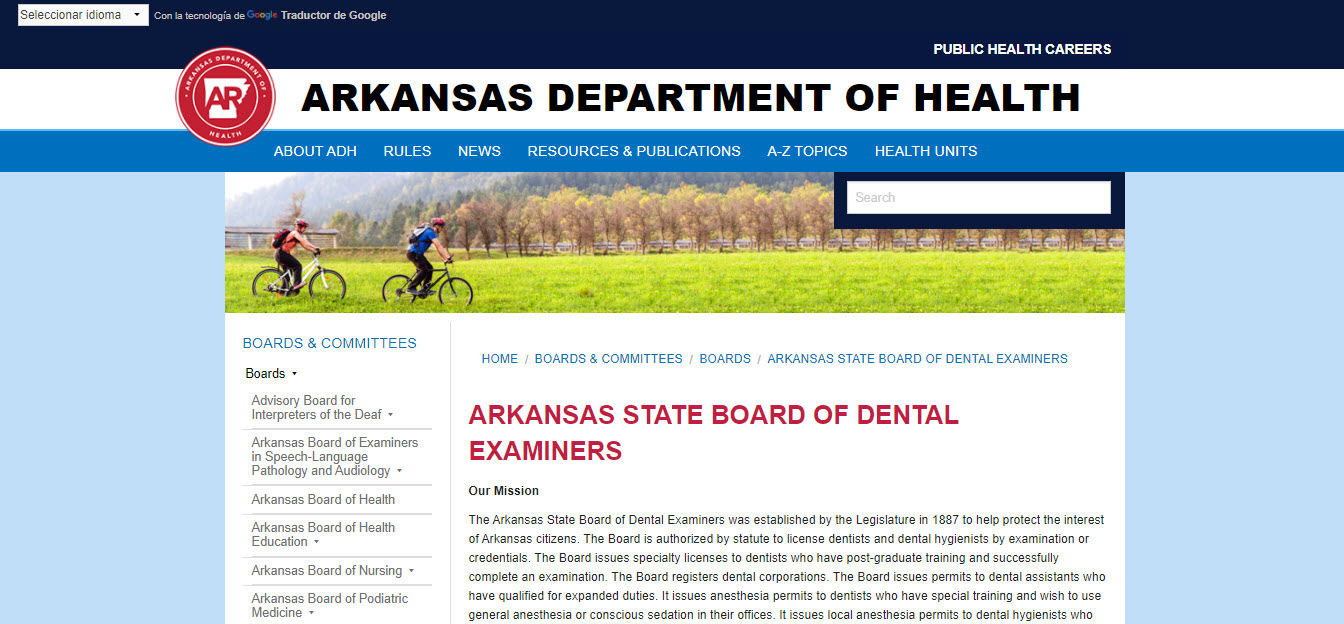 Arkansas Board of Dentistry Dental website screenshot.