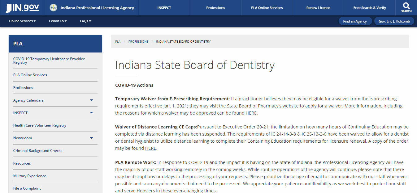 Indiana Board of Dentistry Dental website screenshot.