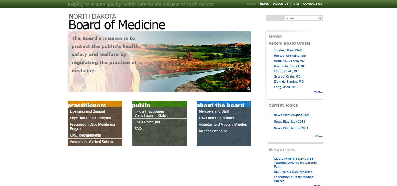 North Dakota Board of Medicine website screenshot.