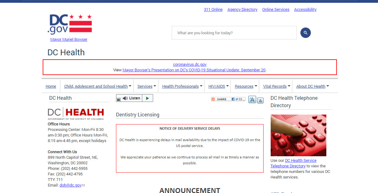 District of Columbia (Washington DC) Board of Dentistry Dental website screenshot.