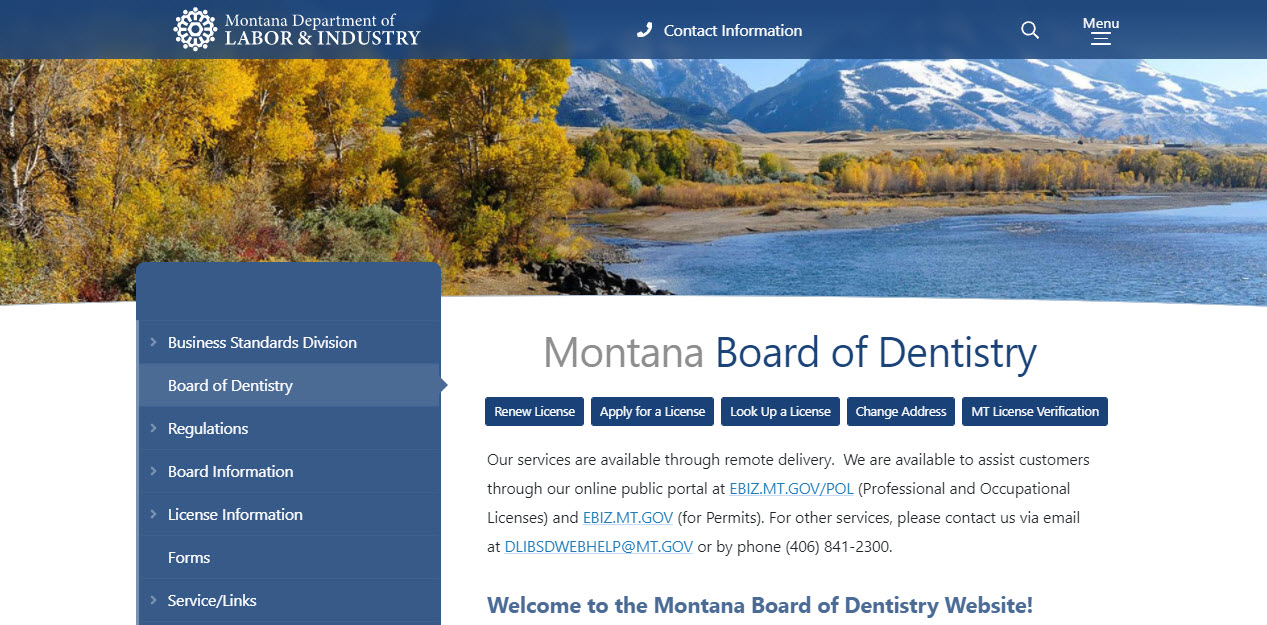 Montana Board of Dentistry Dental website screenshot.