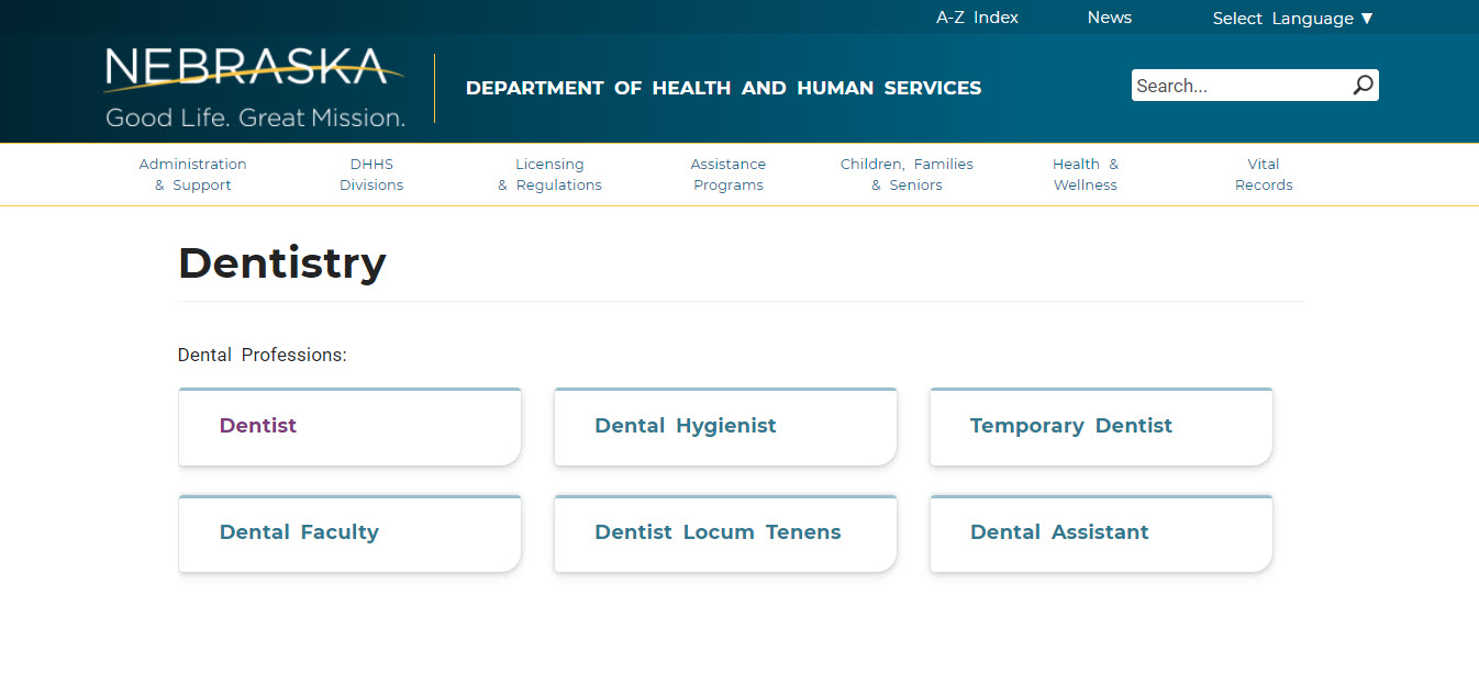 Nebraska Board of Dentistry Dental website screenshot.