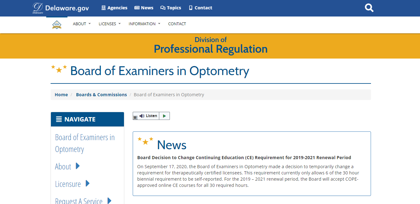 Delaware Board of Optometry website