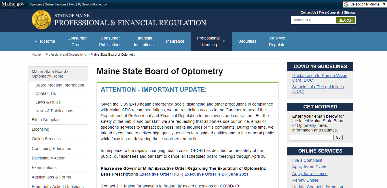 Maine Board of Optometry website