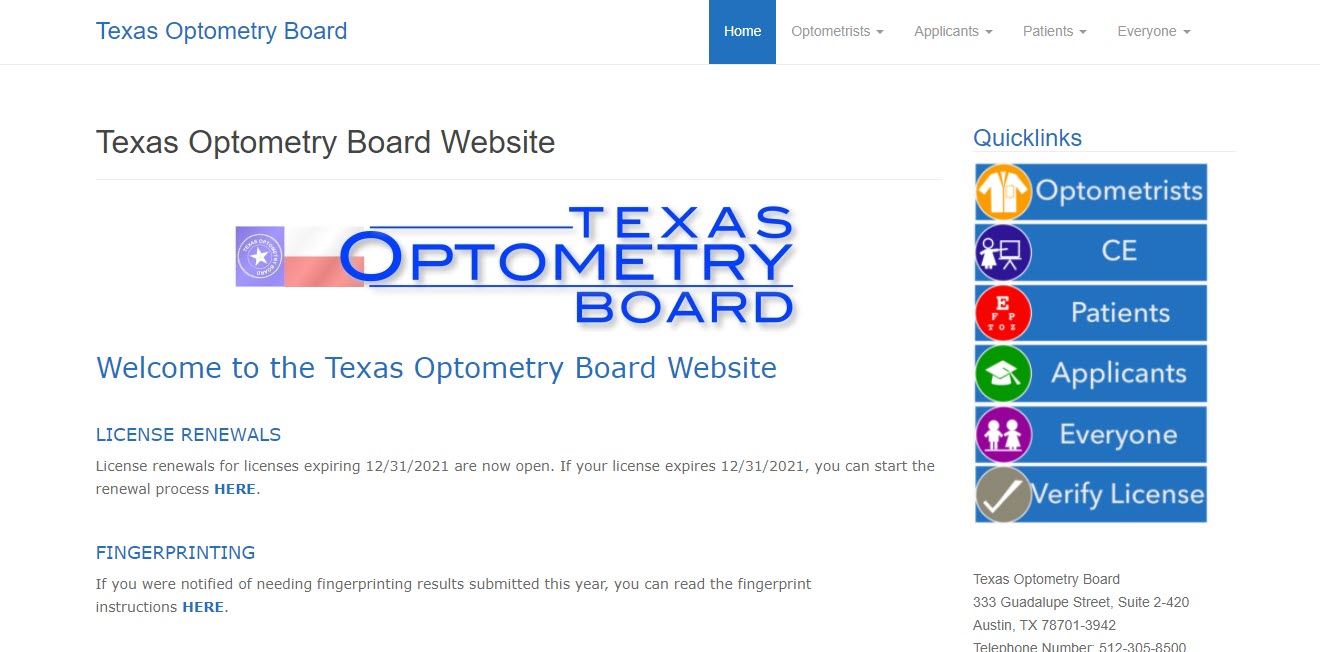 Texas Board of Optometry website