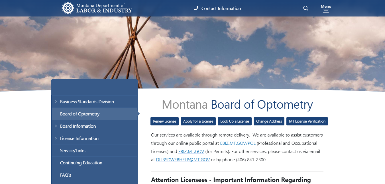 Montana Board of Optometry website