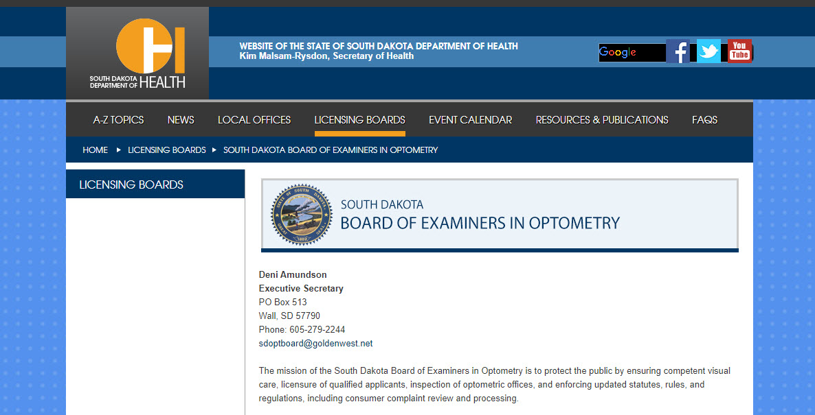 South Dakota Board of Optometry website