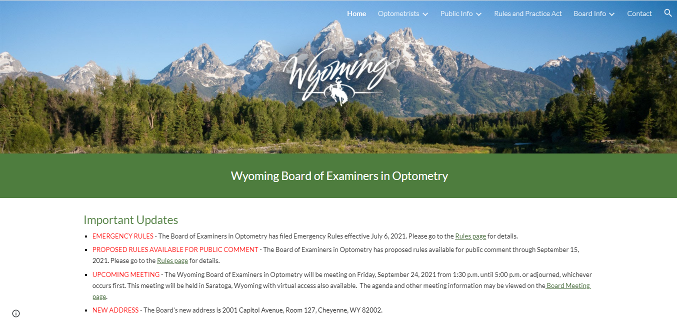 Wyoming Board of Optometry website