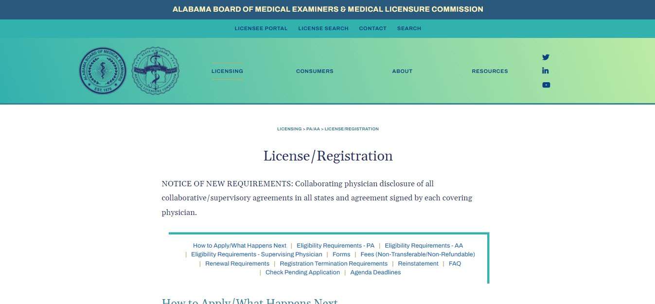 Alabama Board of Physician Assistants website screenshot.