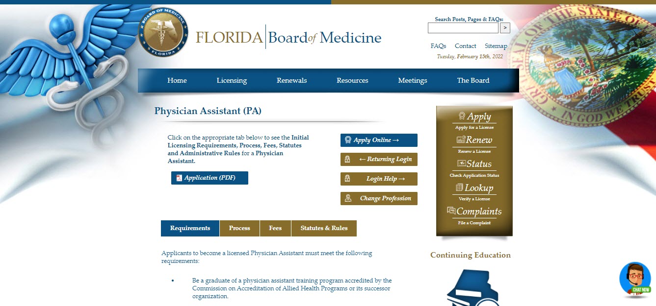 Florida Board of Physician Assistants website screenshot.