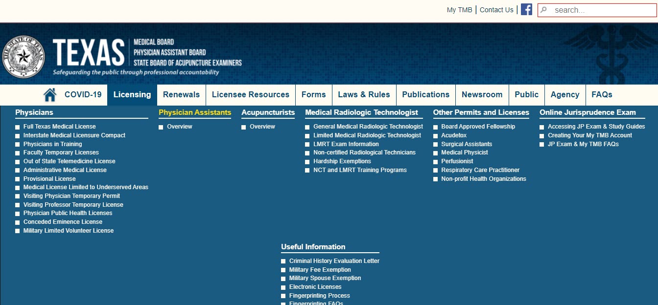 Texas Board of Physician Assistants website screenshot.