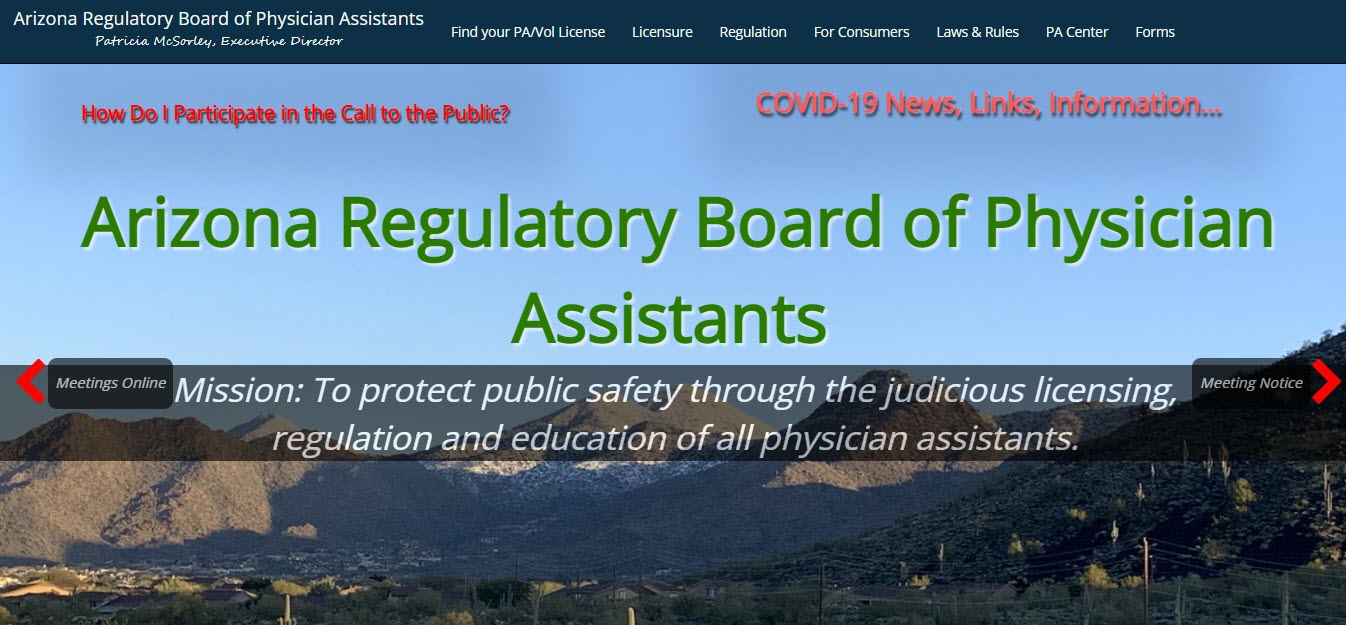 Arizona Board of Physician Assistants website screenshot.