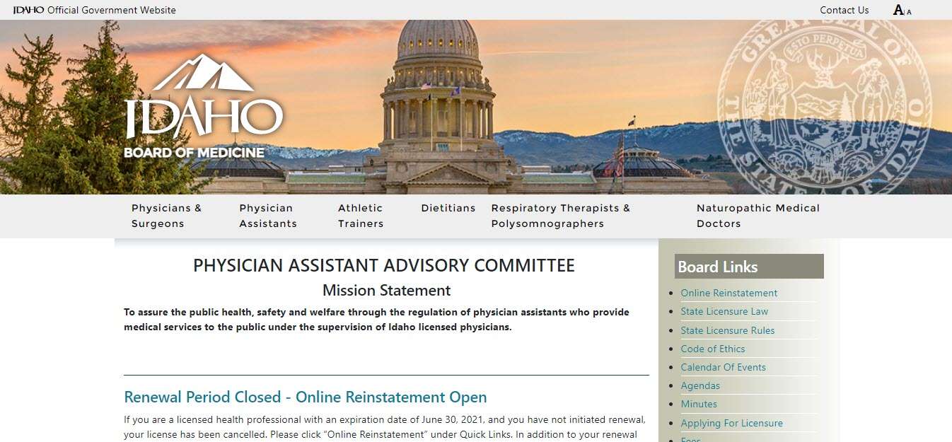 Idaho Board of Physician Assistants Seamless Licensing and Renewal