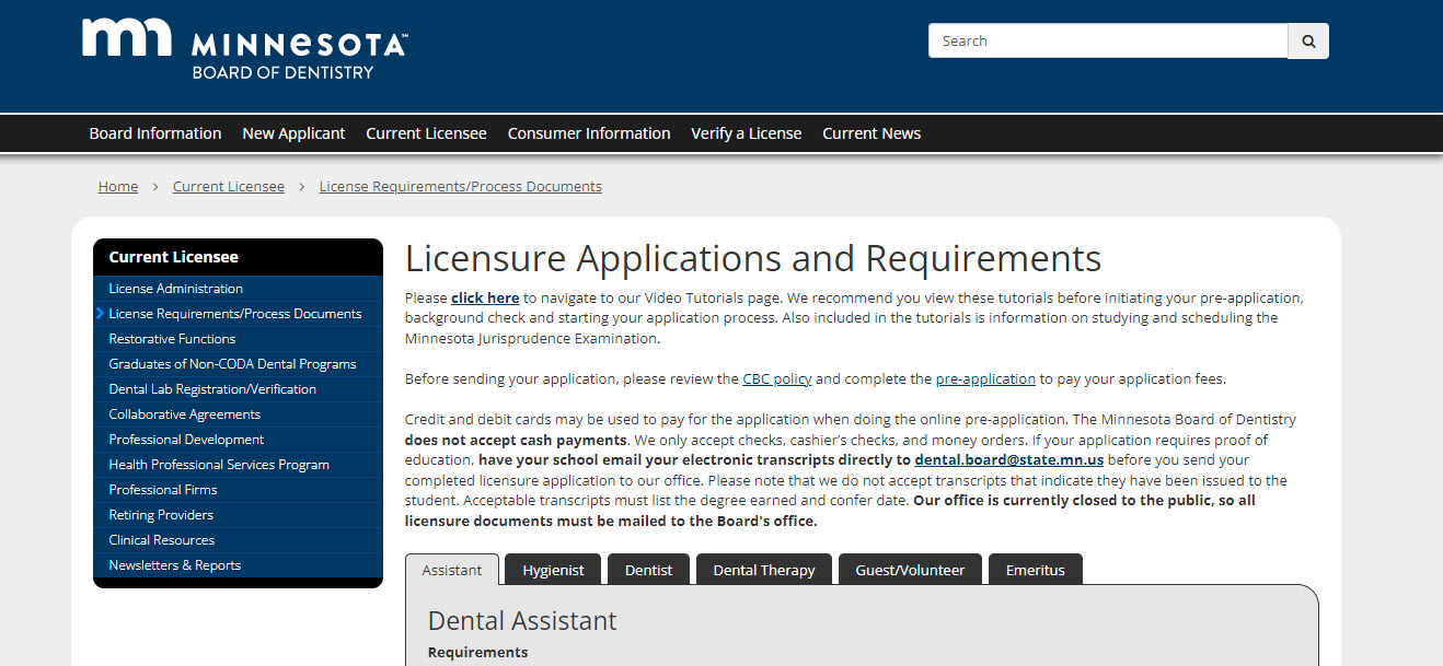 Minnesota Board of Dental Assistants website screenshot.
