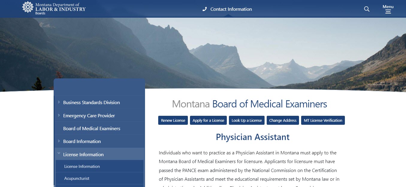 Montana Board of Physician Assistants website screenshot.