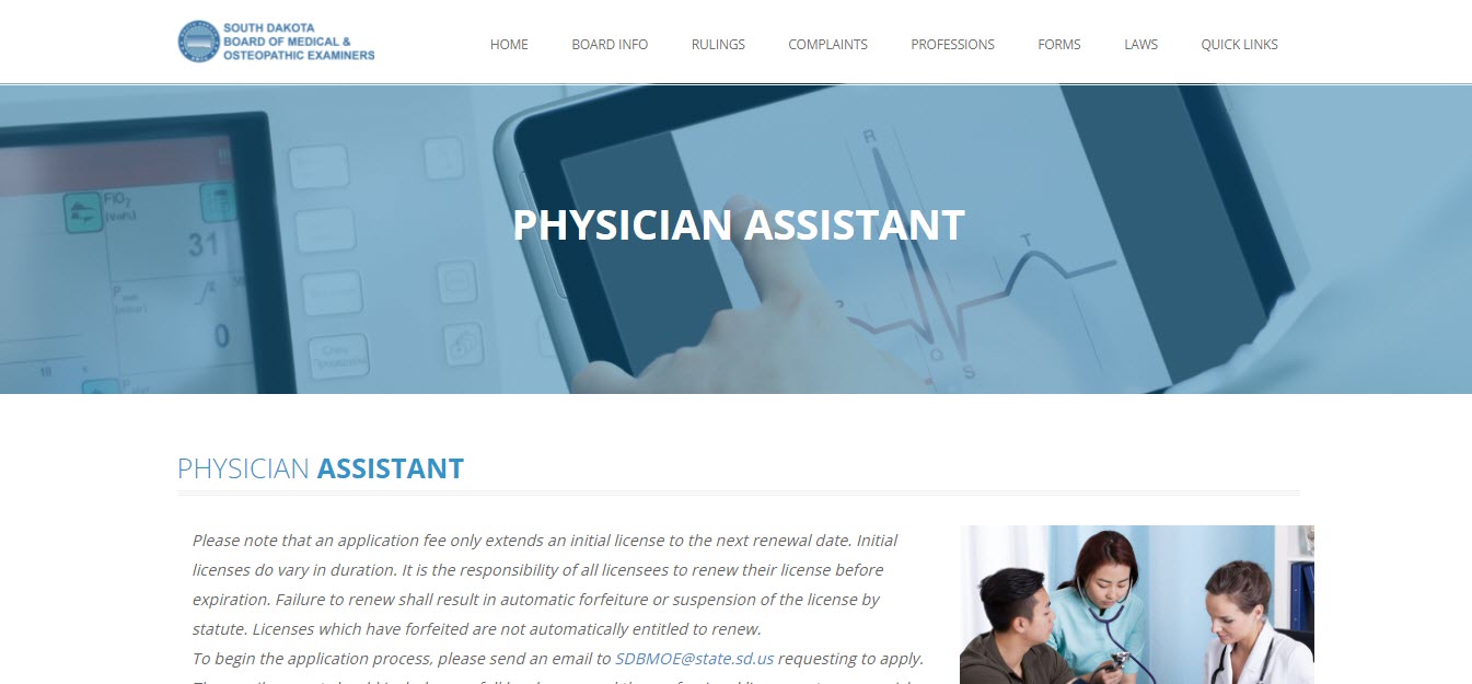 South Dakota Board of Physician Assistants website screenshot.