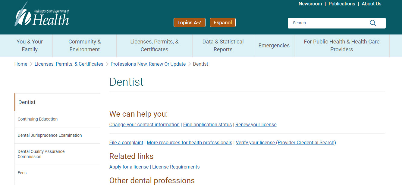 Washington Board of Dental Assistants website screenshot.