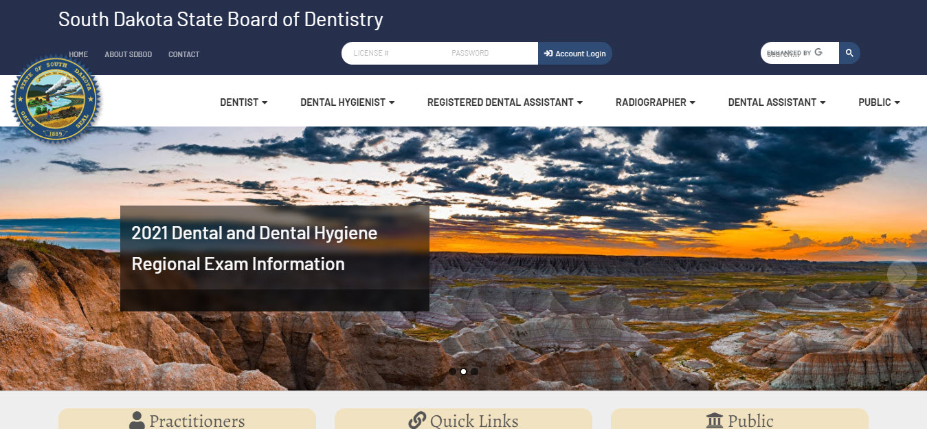 South Dakota Board of Dental Assistants website screenshot.