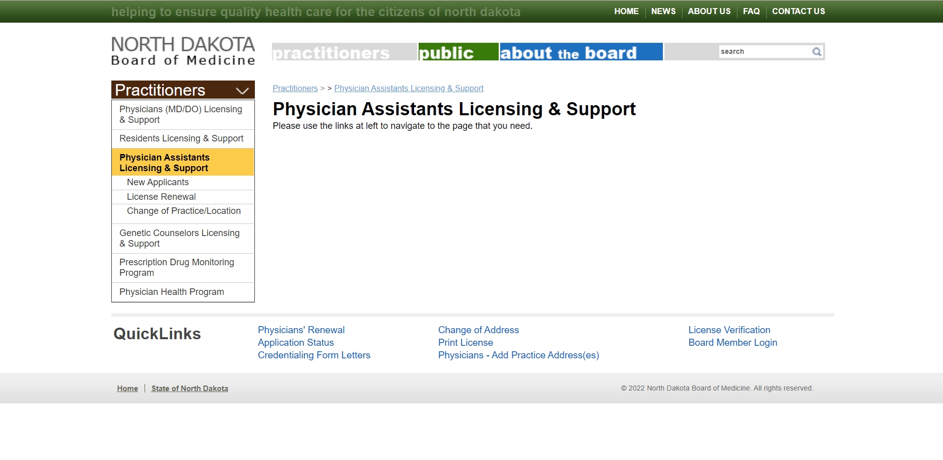 North Dakota Board of Physician Assistants website screenshot.