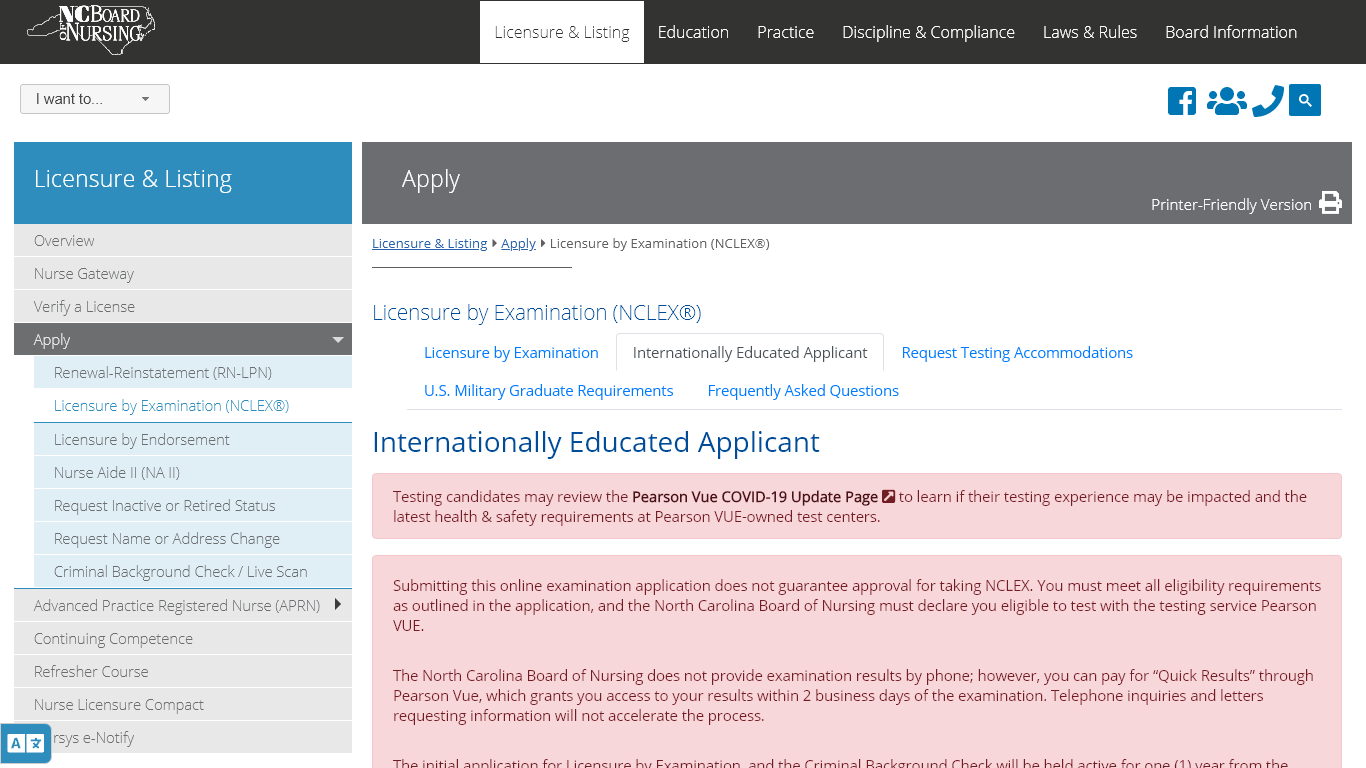 Licensing requirements for the North Carolina Board of Nursing.