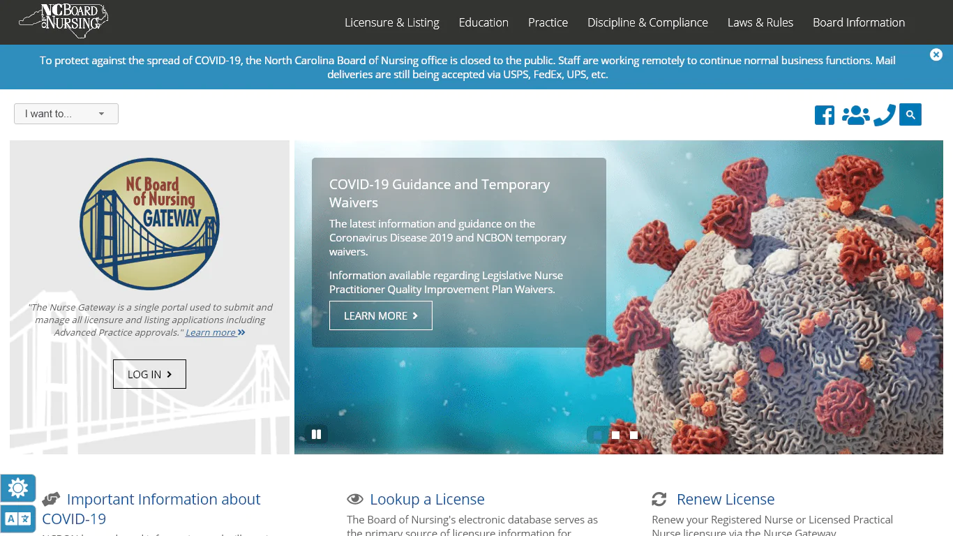 North Carolina Board of Nursing website screenshot.