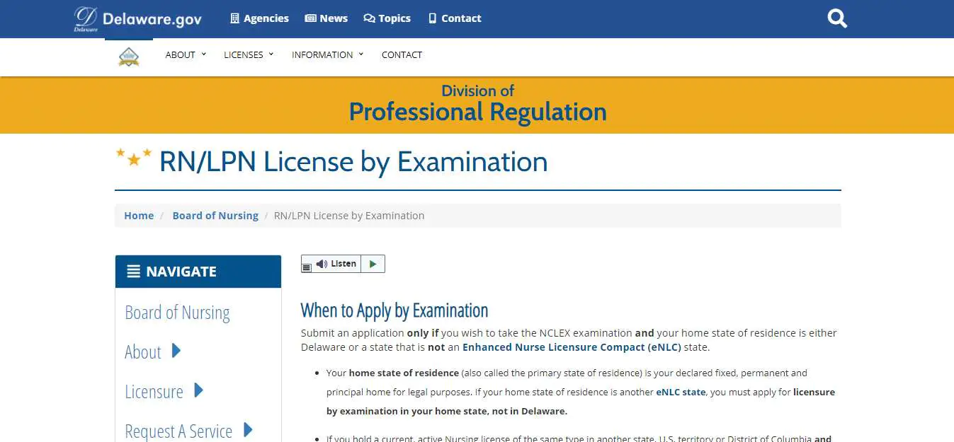 Licensing requirements for the Delaware Board of Nursing.