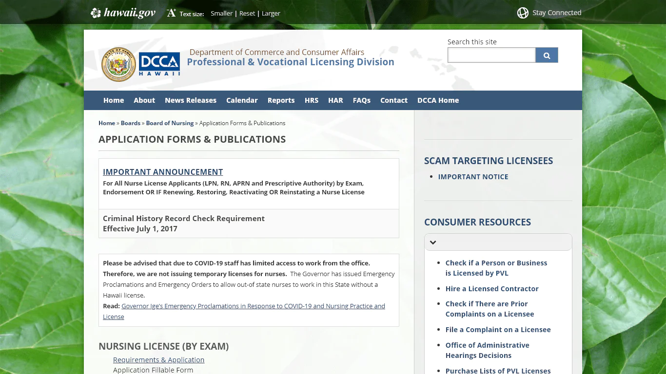 Licensing requirements for the Hawaii Board of Nursing.