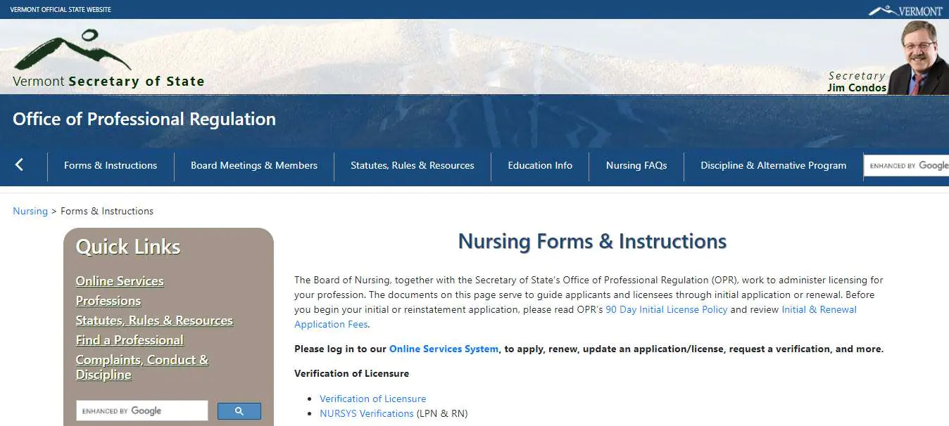 Licensing requirements for the Vermont Board of Nursing.