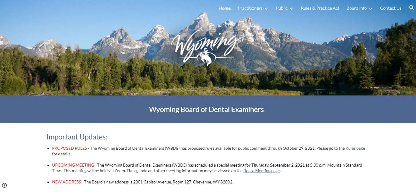 Wyoming Board of Dentistry Dental website screenshot.