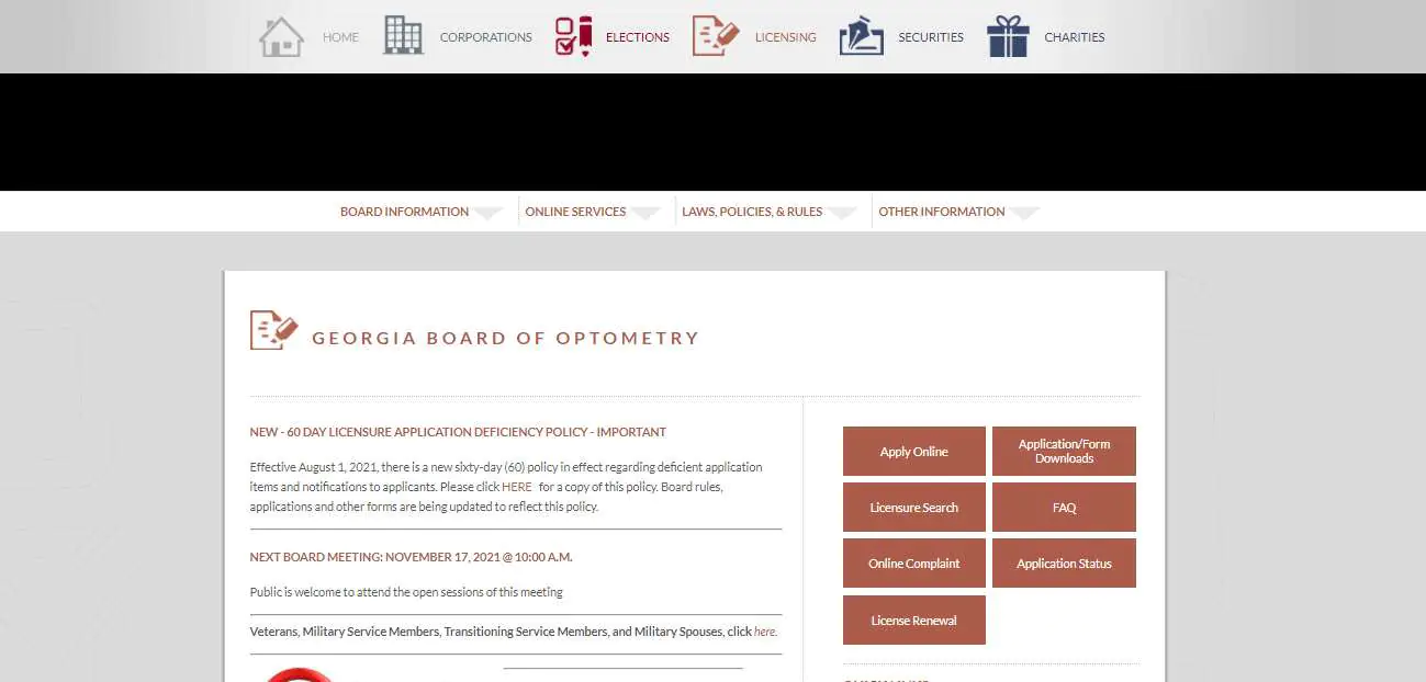 Georgia Board of Optometry website