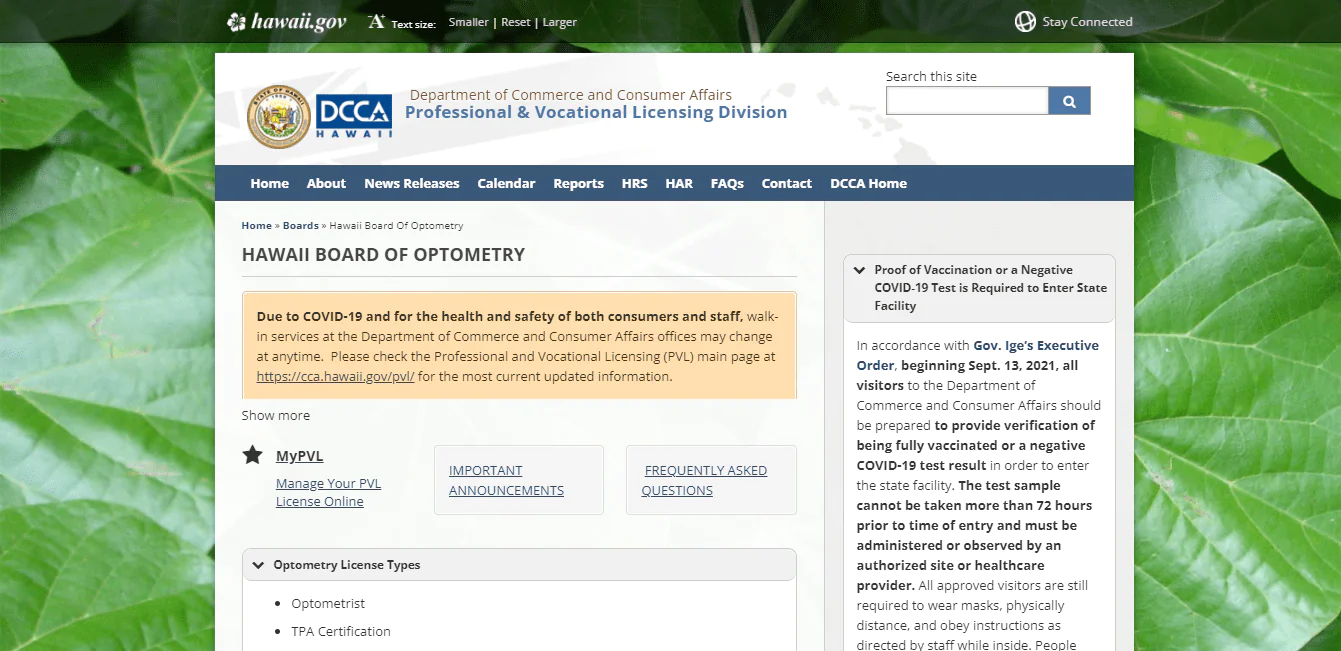 Hawaii Board of Optometry website