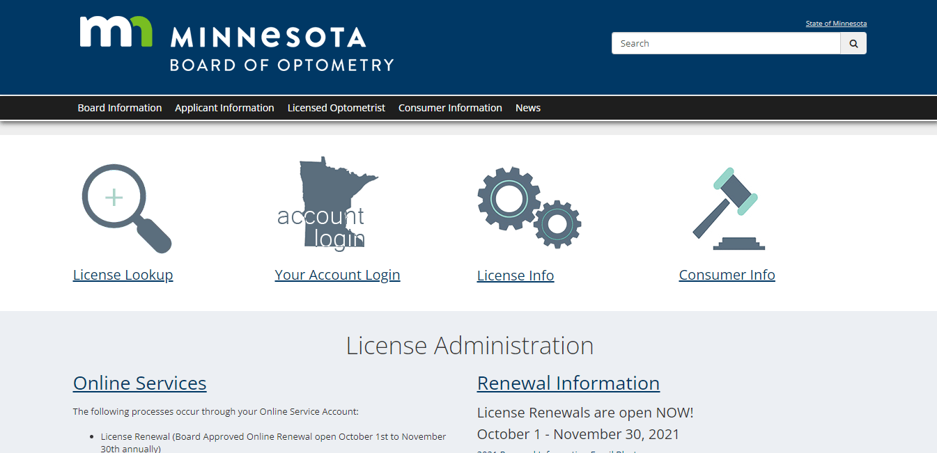Minnesota Board of Optometry website