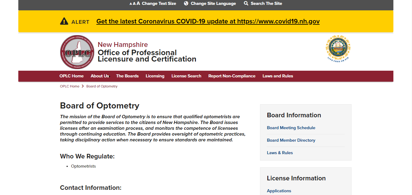 New Hampshire Board of Optometry website