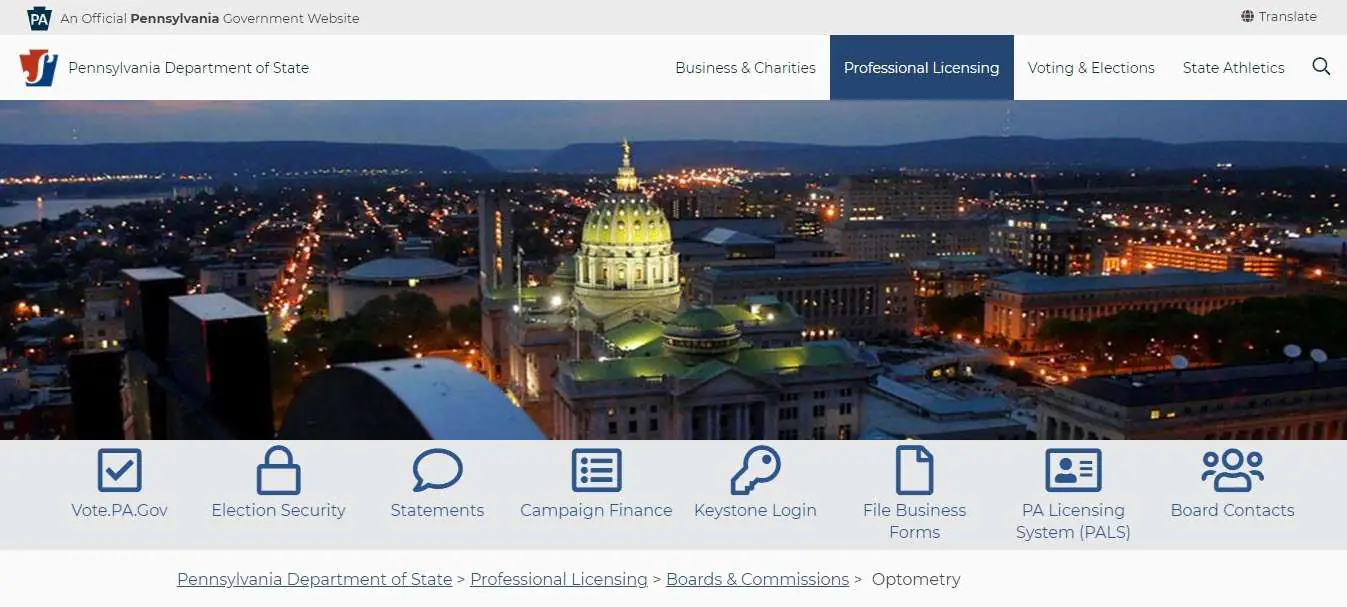Pennsylvania Board of Optometry website