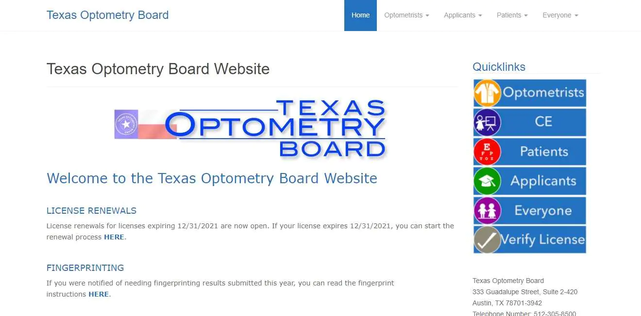 Texas Board of Optometry website