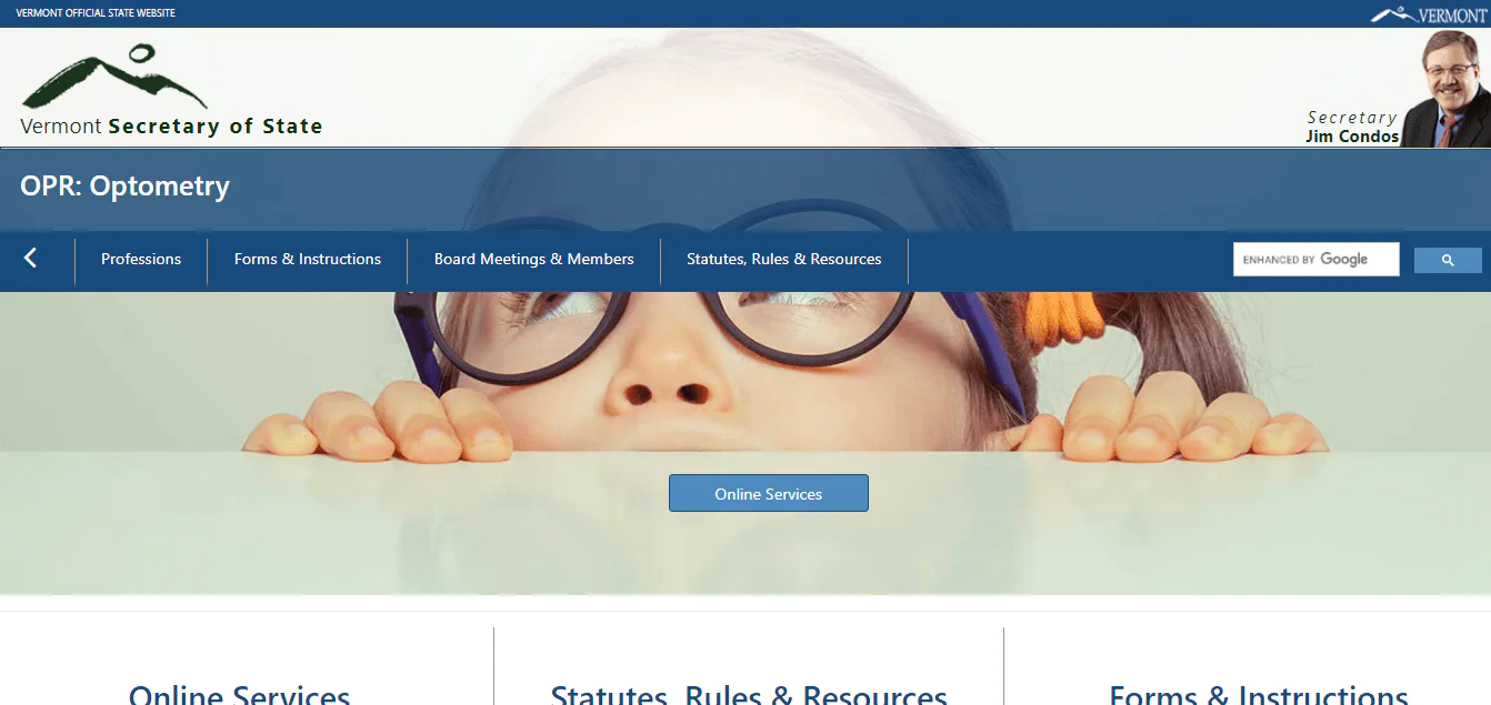 Vermont Board of Optometry website