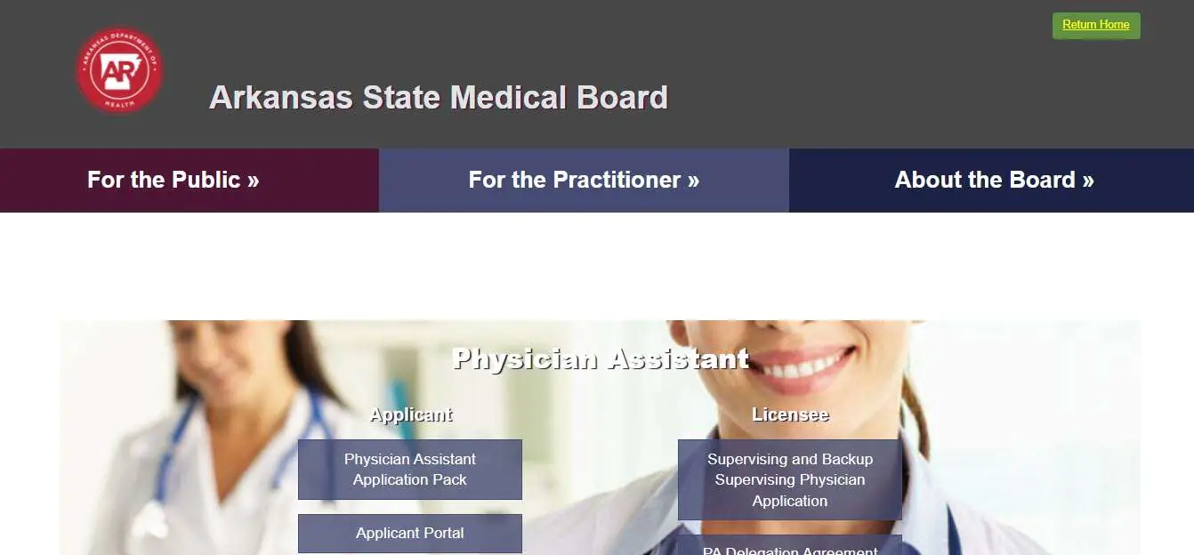 Arkansas Board of Physician Assistants website screenshot.