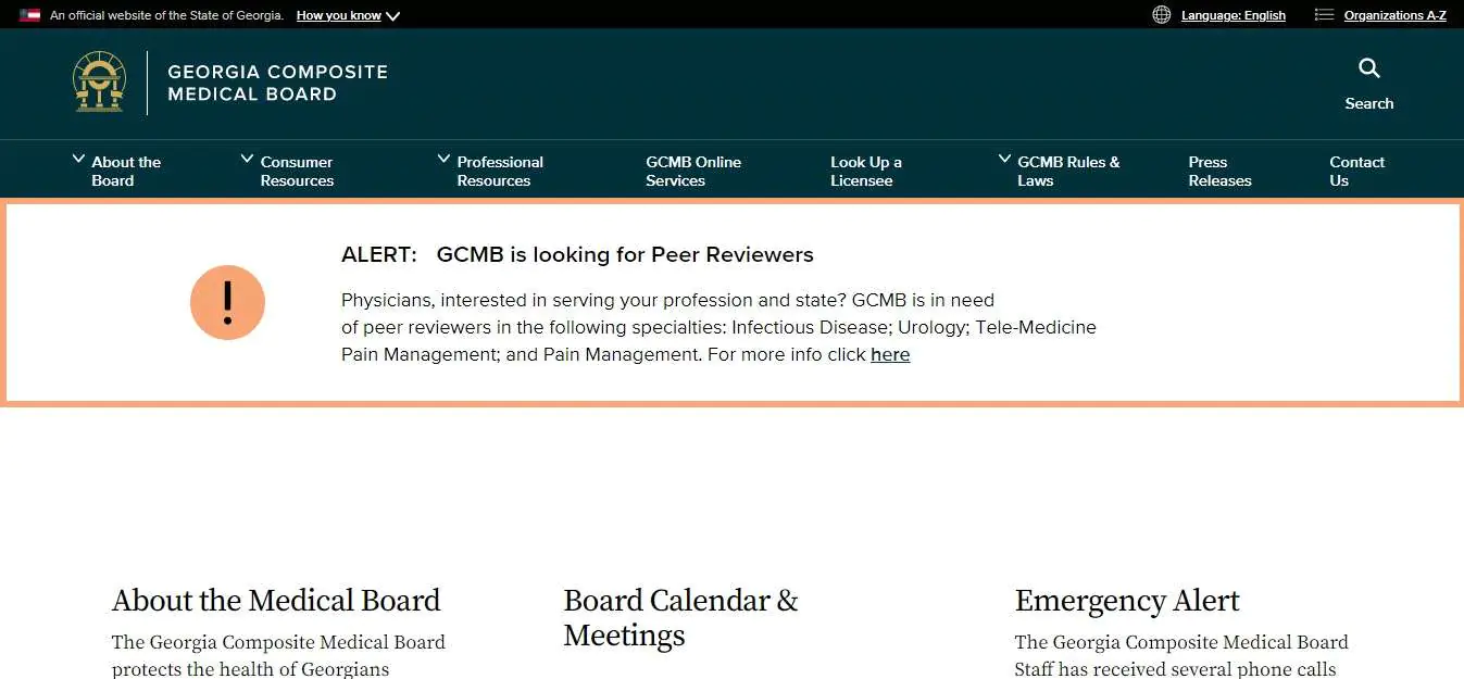 Georgia Board of Physician Assistants website screenshot.